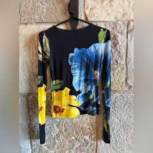 Alice + Olivia Black Long Sleeve Top with Blue and Yellow Floral Print
